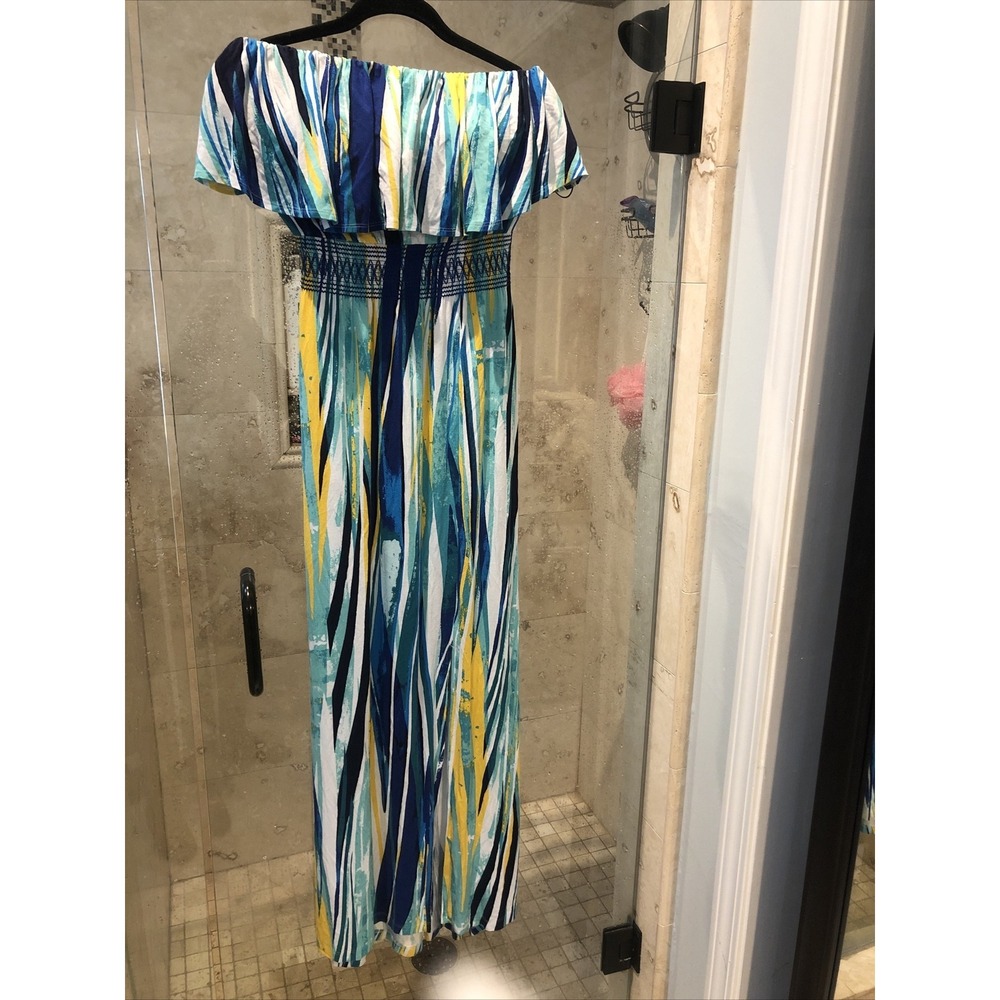 Soma Convertible Bandeau Maxi Dress XS Blue Green Stripe Strapless NEW
